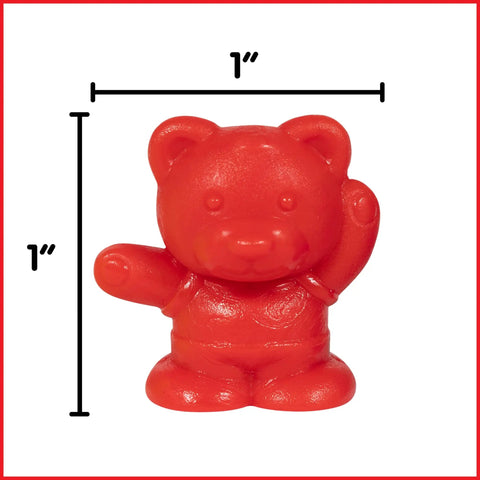 Set Of Sixty Mini Bear Counters Packed In A Sturdy Jar With Tweezers And An Activity Guide For Big Time Sorting Practice And Kid Approved Early Learning Adventures. Red 1-inch plastic bear counter with raised hand.