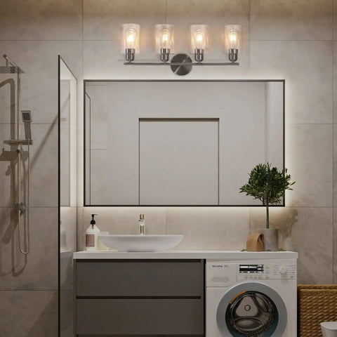 Four Light Bathroom Vanity Light Fixture In Brushed Nickel Finish With Clear Glass Shades Wall Mount Over Mirror Hardwired Easy Install And Up Or Down Mount For A Fresh Modern Look