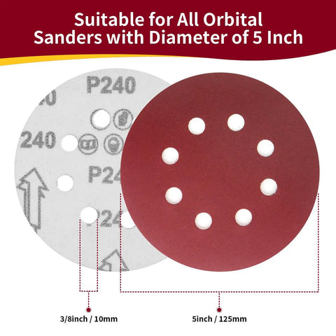 155 Piece 5 Inch 8 Hole Sanding Disc Set Pro Grade For Random Orbital Sander with Adhesive Hook and Loop Sandpaper P240 Grit
