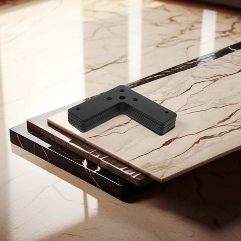 Black Stainless Steel L Shape Corner Brackets Pack Of Ten Heavy Duty Flat Angle Braces stacked on marble surface
