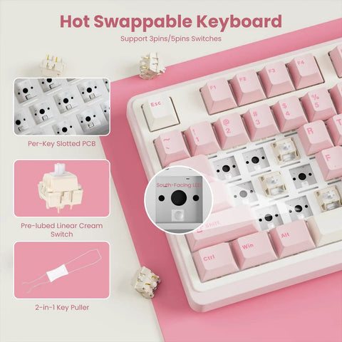 Top Shelf Wireless Mechanical Keyboard With Smart Screen And Rotary Knob, Gasket Mounted Hot Swap Tactile Switches Pre Lubed For Silky Typing, Triple Mode Bluetooth And Usb Setup, Compact 96 Percent Layout That Goes Hard For Gaming, showing hot swappable switches and key puller.