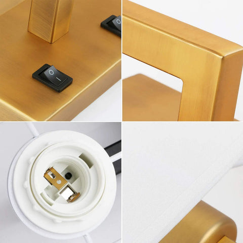 Close-up of Antique Finish Wall Sconce Lights Set Of Two With White Textile Shades and On Off Switch, E26 bulb socket detail