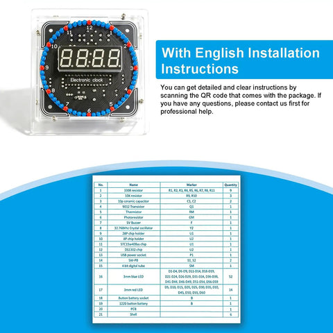 60s Clock DIY Kit for Soldering Practice with transparent case and English installation instructions displayed.