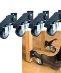 Heavy Duty Retractable Workbench Casters Kit Straight Up 300Kg Capacity set of four casters attached to furniture with PU wheels.