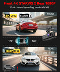 4K Front And Rear Dash Cam With Crystal Clear Starvis 2 Sensor, showcasing front 4K UHD and rear 1080P FHD dual recording