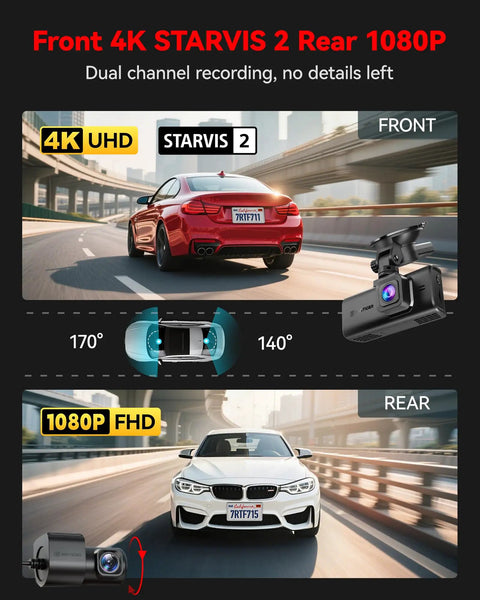 4K Front And Rear Dash Cam With Crystal Clear Starvis 2 Sensor, showcasing front 4K UHD and rear 1080P FHD dual recording