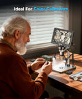7 Inch IPS Digital Microscope With Rotatable HD Screen 1200X Magnification, 16MP Camera, Coin Microscope With Built In Lights For Ultra Crisp Close Ups, Easy Viewing, No Lag Imaging, Perfect For Classrooms And Hobbyists. Man examining a coin