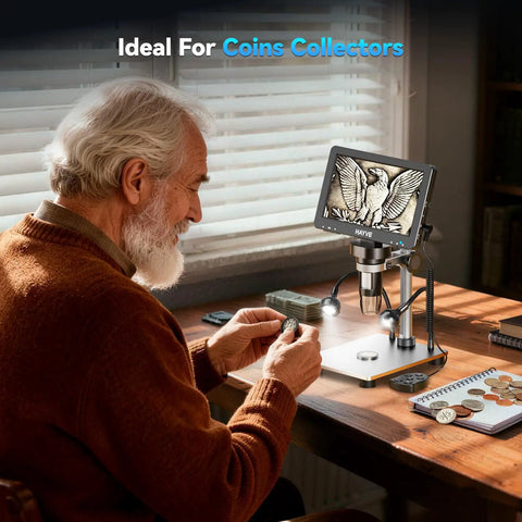 7 Inch IPS Digital Microscope With Rotatable HD Screen 1200X Magnification, 16MP Camera, Coin Microscope With Built In Lights For Ultra Crisp Close Ups, Easy Viewing, No Lag Imaging, Perfect For Classrooms And Hobbyists. Man examining a coin