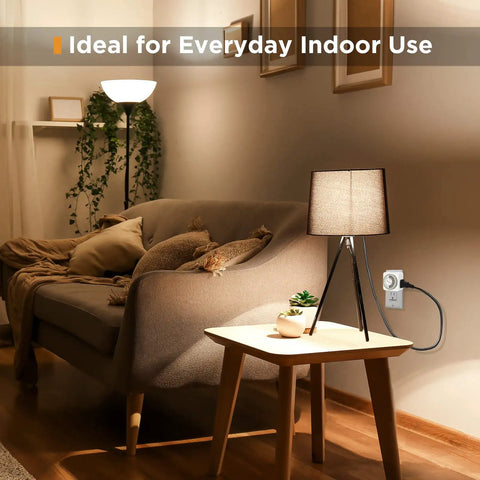 24 Hour Plug In Mechanical Outlet Timers 4 Pack with a lamp and plant on a table in a cozy indoor setting.