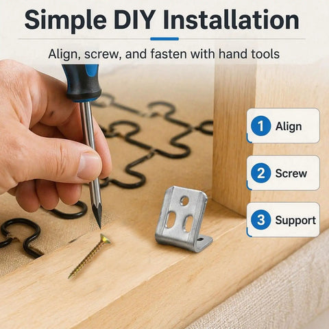 Simple DIY installation of Killer Heavy Duty Upholstery Spring Clips Kit 50 Piece Couch Sofa Repair Set with screw and brackets.