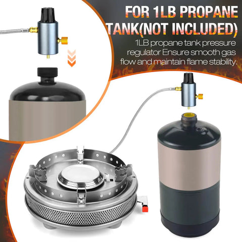 Portable Propane Camping Stove With 13500 BTU Burner Piezo Ignition Adjustable Flame From 3500 To 13500 BTU Lightweight Camp Stove With Carry Bag For Backpacking And Outdoor Cooking shown with propane tank and regulator