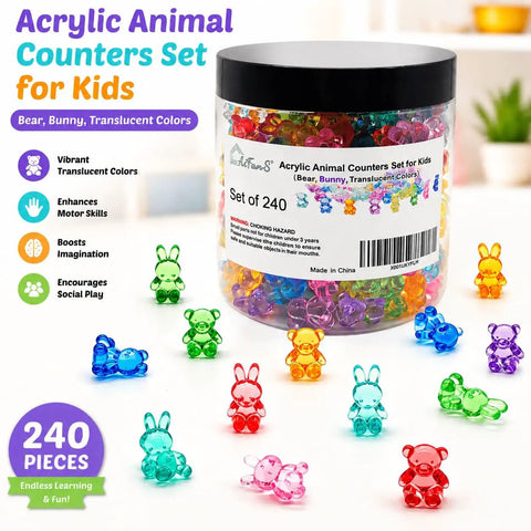 Totally Awesome Math Counting Bears And Bunnies Educational Counter Toy Set Features Two Hundred Forty Durable Plastic Animal Figures in various translucent colors.