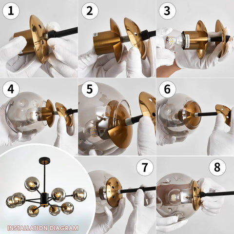Installation guide for Eight-Light Glass Globe Sputnik Chandelier Matte Black And Gold Dope Modern Vintage Pendant Light