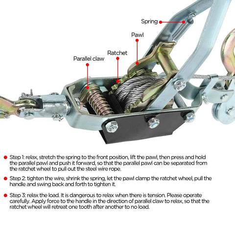 Close-up of gears in Beefy 4 Ton Heavy Duty Dual Gear Come Along Puller With Two Hooks And Steel Cable showing ratchet and pawl.