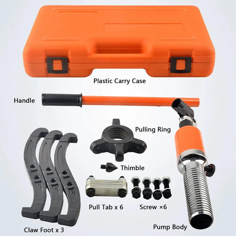 Heavy Duty Hydraulic Gear Puller Kit With Adjustable Two Or Three Jaws For Bearing Removal And Wheel Hub Extraction With Safety Relief Valve And Portable Plastic Storage Box Fits Vertical And Horizontal 15 Ton Capacity Power Through Stubborn Parts. Plastic carry case and hydraulic puller parts
