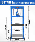 Top Shelf 12 Ton H Frame Hydraulic Press Shop Beast With Reinforced Stamping Plates showing adjustable height specifications.