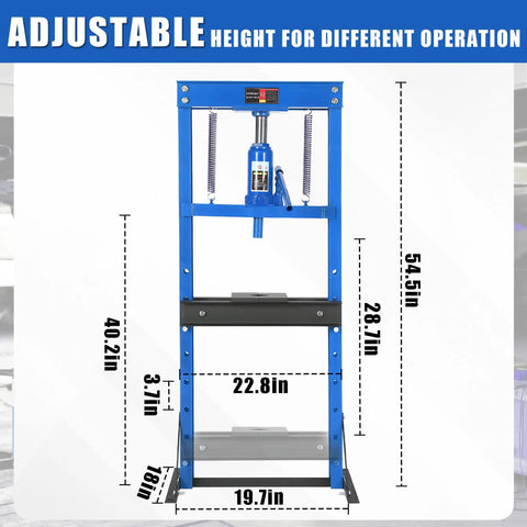 Top Shelf 12 Ton H Frame Hydraulic Press Shop Beast With Reinforced Stamping Plates showing adjustable height specifications.