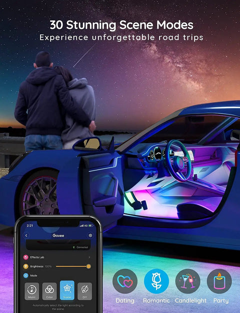 Car LED Strip Lights RGBIC Interior Lighting With App Control And Music Sync 16 Million Colors in a car with open door