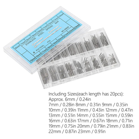 No Sweat Watch Band Link Cotter Pin Assortment Set Stainless Steel Spring Bars in clear case with assorted sizes for watch repair.