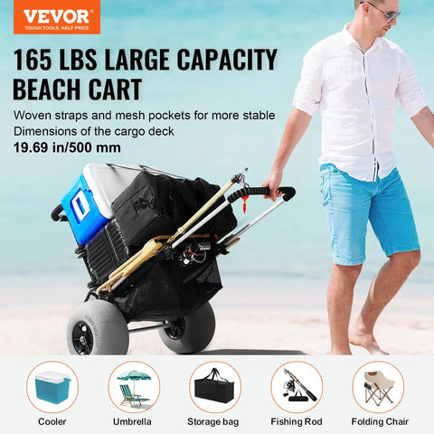 Man pulling Beach Cart With Balloon Wheels And Large Deck For Sand Heavy Duty Load Up To 165 Pounds Adjustable Height From 27 To 44.7 Inches