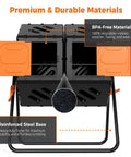 Dual Chamber 45 Gallon Compost Tumbler With 360 Degree Rotating Design, showing reinforced steel base and BPA-free material
