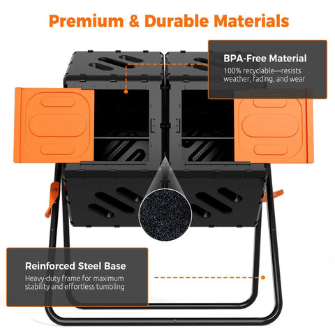 Dual Chamber 45 Gallon Compost Tumbler With 360 Degree Rotating Design, showing reinforced steel base and BPA-free material