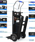 Ralozzd 1250W Electric Stair Climbing Dolly With 900 Lbs Max Load, Folding Aluminum Hand Truck detail of control panel and wheels