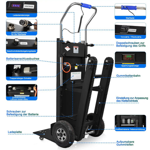 Ralozzd 1250W Electric Stair Climbing Dolly With 900 Lbs Max Load, Folding Aluminum Hand Truck detail of control panel and wheels