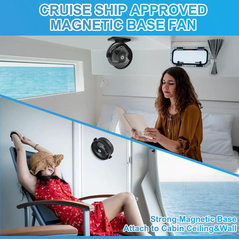 6 Inch Magnetic Cruise Fan With 12000mAh Rechargeable Battery Portable Power Bank LED Light 360 Degree Rotating Head Strong Magnetic Base Timer Function And Cruise Essentials For All Major Cruises installed in cabin