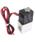 Quarter Inch DC 12V Two Way Normally Closed Solenoid Air Valve with visible wires and encapsulated coil, stainless steel body.