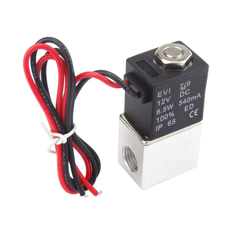 Quarter Inch DC 12V Two Way Normally Closed Solenoid Air Valve with visible wires and encapsulated coil, stainless steel body.