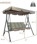 Three Seat Outdoor Patio Swing With Adjustable Canopy Heavy Duty Steel Frame Weather Resistant Build Removable Cushions For Porch Patio Garden Or Poolside Lime Stripe Lounge Setup, shown with dimensions and weight capacity.
