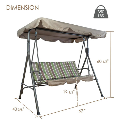 Three Seat Outdoor Patio Swing With Adjustable Canopy Heavy Duty Steel Frame Weather Resistant Build Removable Cushions For Porch Patio Garden Or Poolside Lime Stripe Lounge Setup, shown with dimensions and weight capacity.