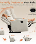 Two Seat Manual Loveseat Recliner Sofa With Wall Hugger Design, shown in 150-degree recline with beige chenille fabric.