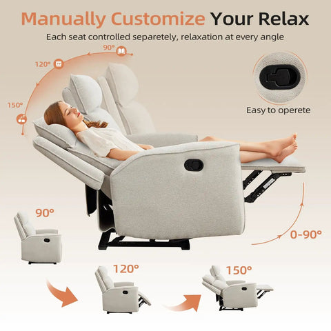 Two Seat Manual Loveseat Recliner Sofa With Wall Hugger Design, shown in 150-degree recline with beige chenille fabric.