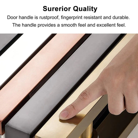 Close-up of gold finish industrial sliding glass door handle with finger pressing, showing smooth and durable surface.