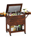 54 Quart Wooden Patio Cooler Cart With Wheels And Foldable Side Shelves Bottle Opener And Bottom Storage Insulated Beverage Cooler