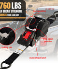 Close-up of Beefy Heavy Duty Retractable Ratchet Straps 1 Inch By 12 Feet with 1760 lbs break strength showing lock positions