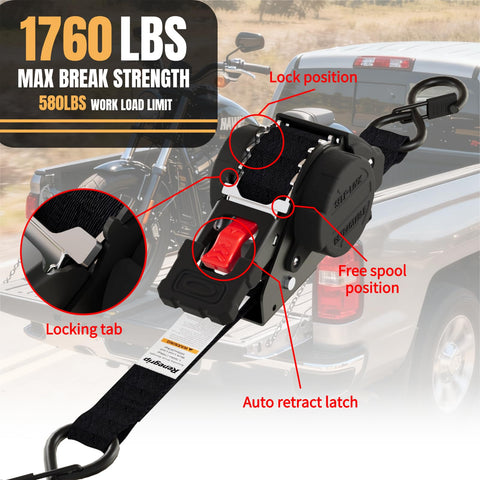 Close-up of Beefy Heavy Duty Retractable Ratchet Straps 1 Inch By 12 Feet with 1760 lbs break strength showing lock positions