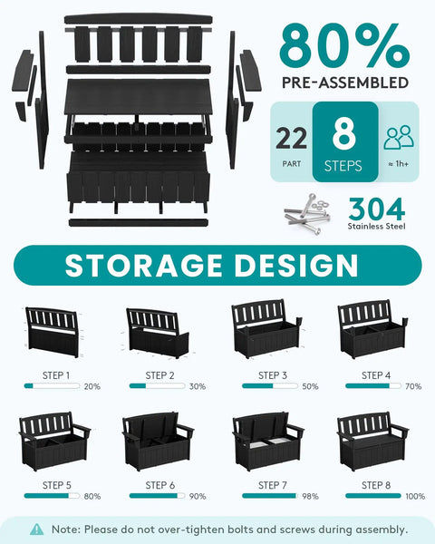 Assembly instructions for HDPE Outdoor Storage Bench With 57 Gallon Dual Use Seat And Organizer, showing step-by-step assembly.