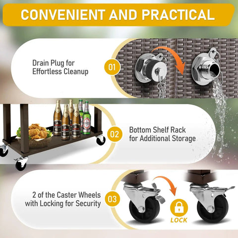 Portable Patio Cooler Bar Cart 80QT Rolling Beverage Station With Storage Shelf Lockable Wheels And Bottle Opener features.