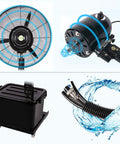 No Sweat 26 Inch High Velocity Industrial Misting Fan With Fully Adjustable Height showing parts like the fan blades, copper motor, tank, and hose.