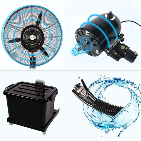No Sweat 26 Inch High Velocity Industrial Misting Fan With Fully Adjustable Height showing parts like the fan blades, copper motor, tank, and hose.