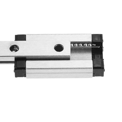 Close-up of a 600mm Linear Sliding Rail Guide With MGN9H Carriage Block for 3D printers and CNC machines, bearing steel visible.