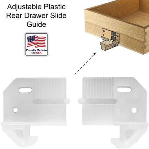 Plug And Play Rear Drawer Slide Guides Four Pack For One Quarter Inch Rails T Shape Center Mount Wood Track Heavy Duty Plastic Back Plates in use