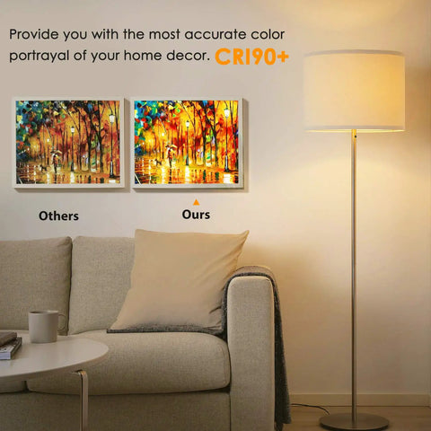 Living room with floor lamp highlighting difference in color portrayal between standard and CRI90+ lighting.