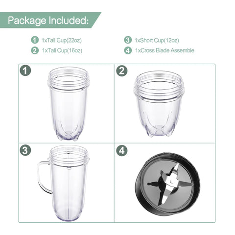 4 Piece Blender Replacement Set For 250W Blenders Including 22oz Tall Mug, 16oz Cup, 12oz Short Cup And Cross Blade Compatible With MB1001 Series BPA Free Plastic And Stainless Steel Parts Dishwasher Safe Easy Install No Fuss displayed in four images showing each included item