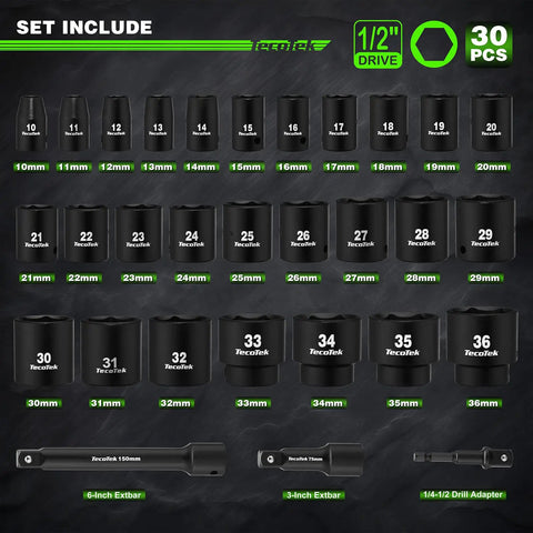30-Piece Half Inch Drive Shallow Metric Impact Socket Set with Chrome Moly Steel, various socket sizes and extensions visible