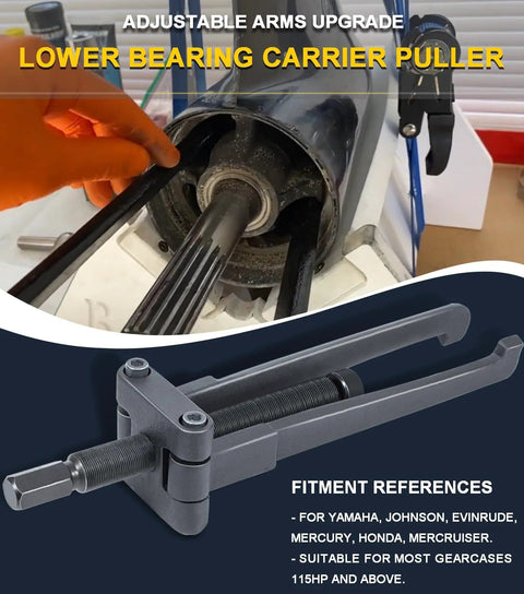 Lower bearing carrier puller with adjustable arms; gray metal tool for Yamaha/Johnson/Evinrude/Mercury/Honda/Mercruiser