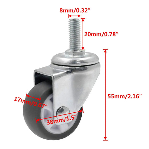 Noiseless 1.5 Inch Swivel Stem Caster Wheels Set, dimensions highlighted, ideal for carts and cabinets, M8 stem visible